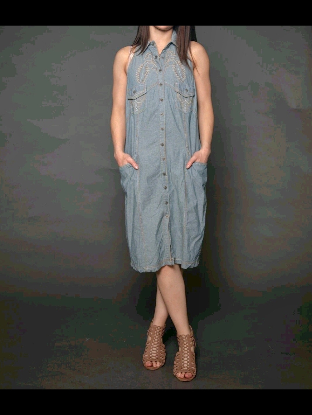 Double D Ranch Light Denim Blue Sleeveless Midi Halter Shirt Dress